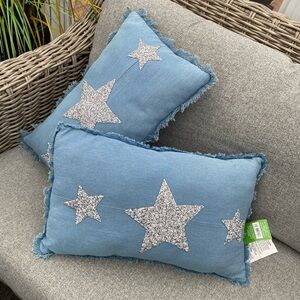 SET 2 DENIM LUMBAR THROW PILLOWS | Country Cowgirl | Glitter Star Appliqué | NWT